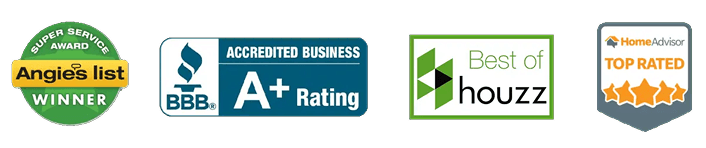 Award badges for Angie's List Super Service Award, BBB Accredited Business A+ Rating, Best of Houzz, and HomeAdvisor Top Rated.
